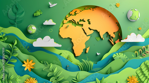 Richly layered illustration of planet Earth centered within a lush tropical jungle scene with teal foliage, yellow wildflowers, butterflies, clouds, and a golden sun, representing global ESG strategy.