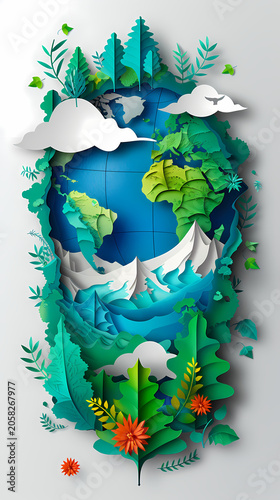 Richly layered illustration of planet Earth centered within a lush tropical jungle scene with teal foliage, yellow wildflowers, butterflies, clouds, and a golden sun, representing global ESG strategy.