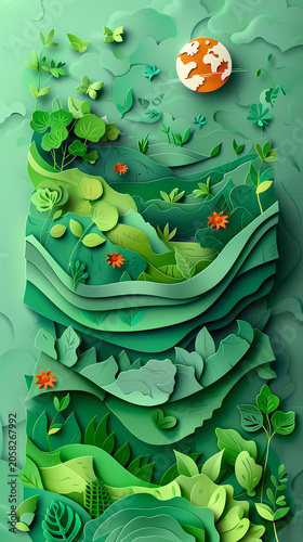 Richly layered illustration of planet Earth centered within a lush tropical jungle scene with teal foliage, yellow wildflowers, butterflies, clouds, and a golden sun, representing global ESG strategy.