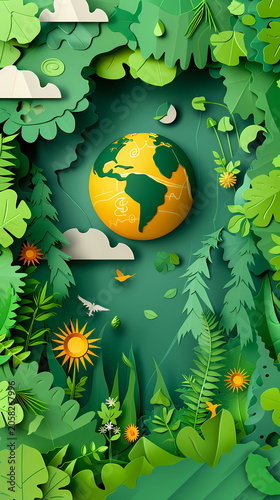 Richly layered illustration of planet Earth centered within a lush tropical jungle scene with teal foliage, yellow wildflowers, butterflies, clouds, and a golden sun, representing global ESG strategy.