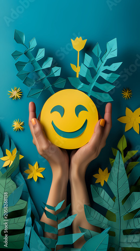 Playful and uplifting 3D paper cut concept of a human hand gently holding a paper cloud with a small figure raising a large golden smiley face balloon, set against a bright blue sky with white clouds.