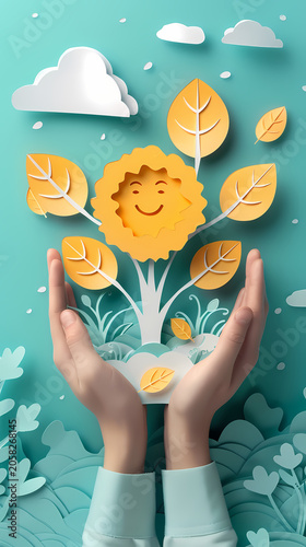 Playful and uplifting 3D paper cut concept of a human hand gently holding a paper cloud with a small figure raising a large golden smiley face balloon, set against a bright blue sky with white clouds.