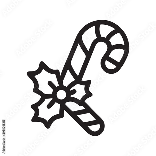 Christmas candy cane, holiday icon, festive symbol, black line art isolated on White Background