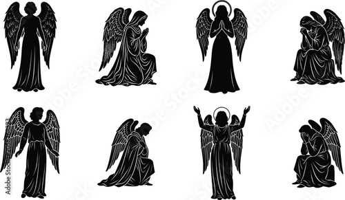Fotografia Detailed Black Angel Silhouette Vector Icon Collection Featuring Praying Kneelin