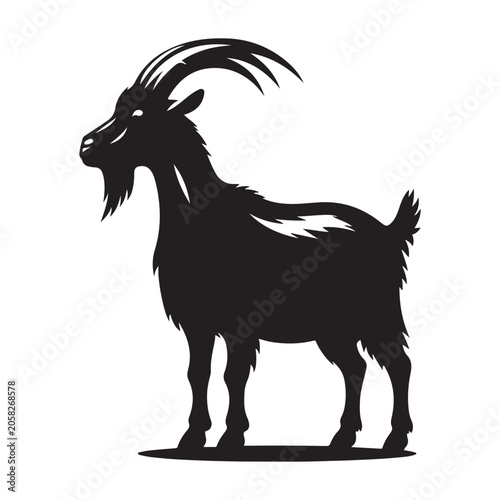 Black goat silhouette, standing goat icon, animal vector, farm animal isolated on White Background