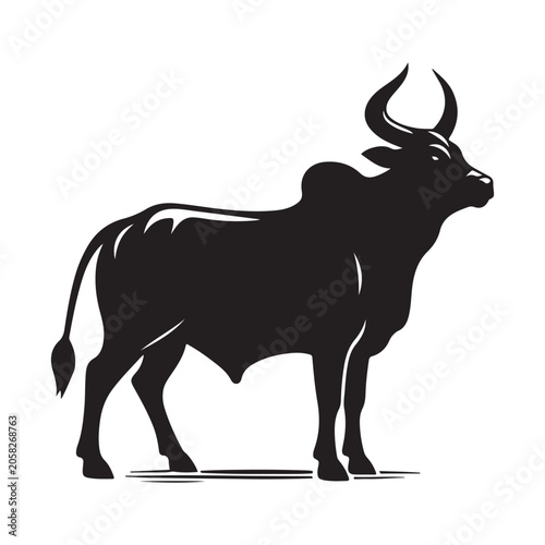 Black bull silhouette, standing cow icon, animal symbol, vector graphic isolated on White Background