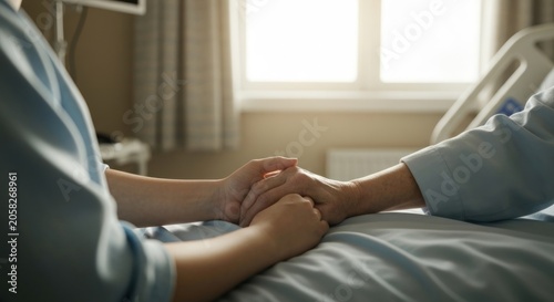 Nurse holds patient's hand in hospital room with sunlight