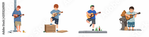 Schilderij op canvas Illustrations of homeless and underprivileged children busking with guitars and ukuleles on the street to earn money, featuring four young street musicians