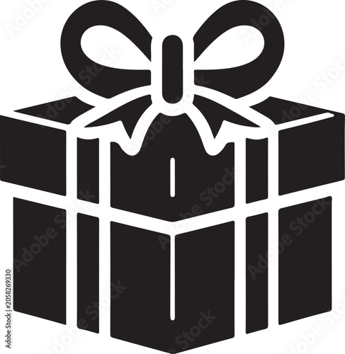 Gift box icon, wrapped present symbol, black bow, minimalist design, vector graphics isolated on White Background
