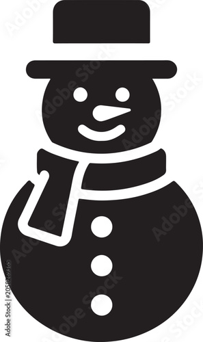 Black snowman icon, winter symbol, festive character, monochrome illustration isolated on White Background