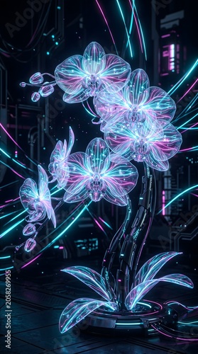 Futuristic neon orchid glowing with holographic petals and mechanical base in sci fi style