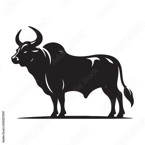 Black bull, animal silhouette, vector icon, livestock illustration isolated on White Background