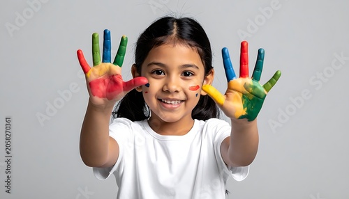 Girl with painted hands, colorful fingers, smiling, white shirt, dark hair, gray background, looking at the camera