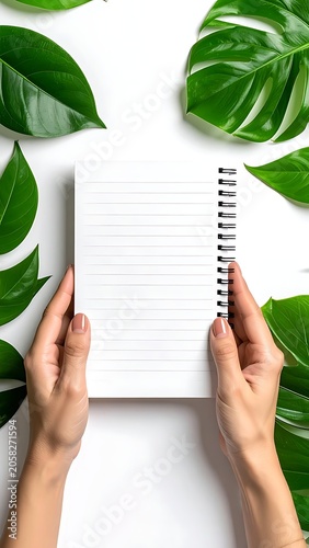 Greenery and blank notebook
