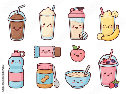 charming vector illustration of cute kawaii food and drink items, including smoothies, shakes, and snacks