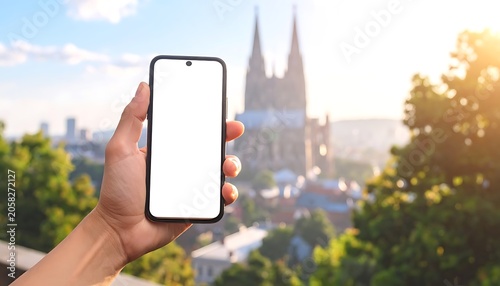 Hand holding phone with white screen, cathedral & city bokeh background, sunshine, trees, & balustrade