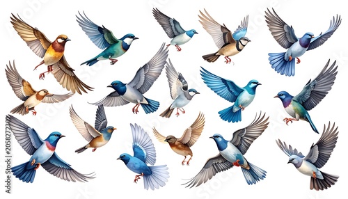 Many flying birds shown