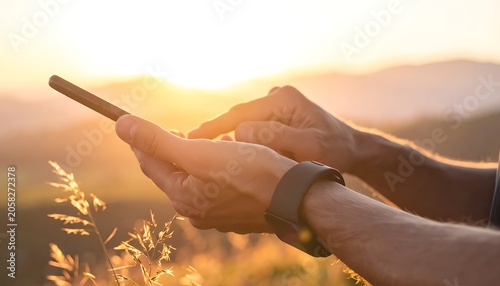 Hands using a phone at sunset in a field with blurred hills in the background