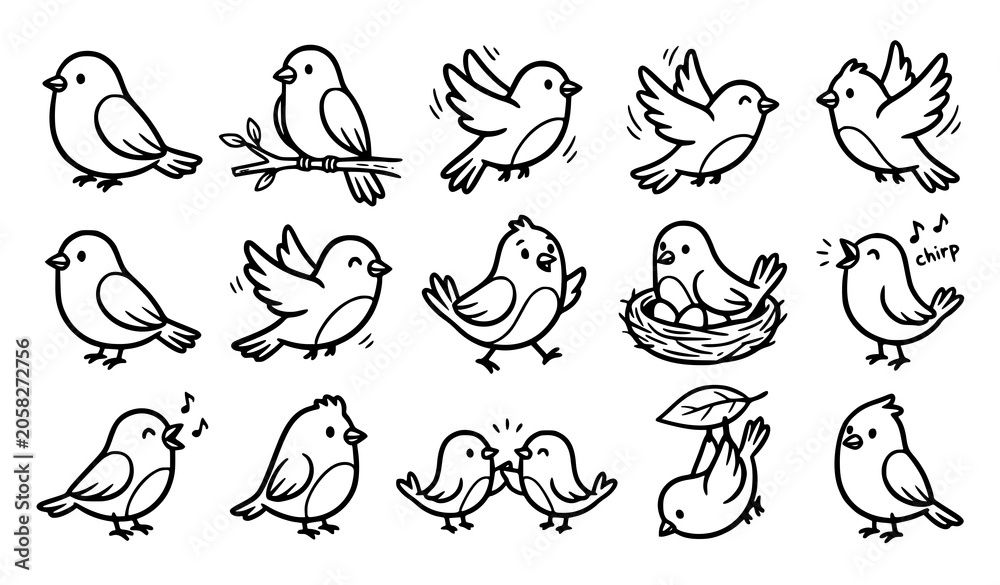 Obraz premium Black and white bird doodle illustration pack featuring cute hand sketched birds in various playful poses