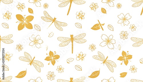Gold dragonflies and flowers scattered across a white backdrop create a nature-inspired, delicate, and visually appealing pattern