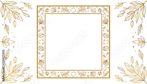 Golden botanical frame, leaves, and tiny shells, creating an elegant border and corner accents on a white background