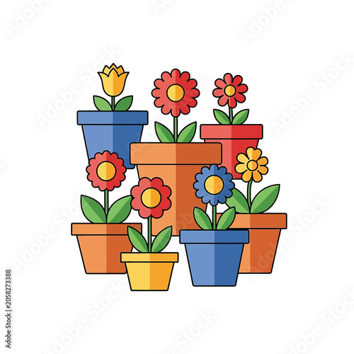 Colorful flowers in potted plants.