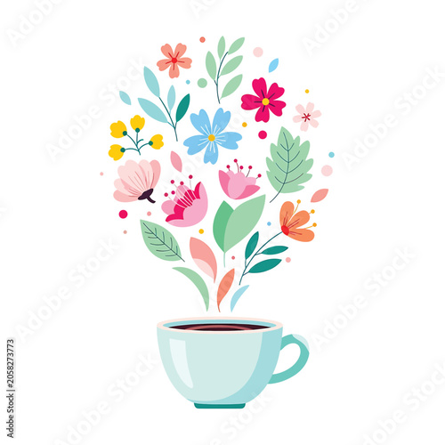 Colorful flowers rising from coffee cup.