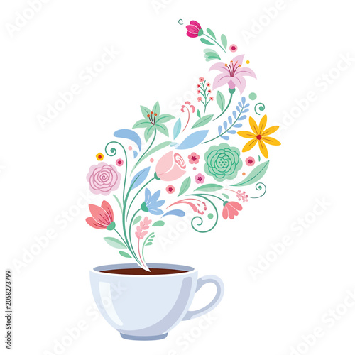 Colorful flowers rising from coffee cup.