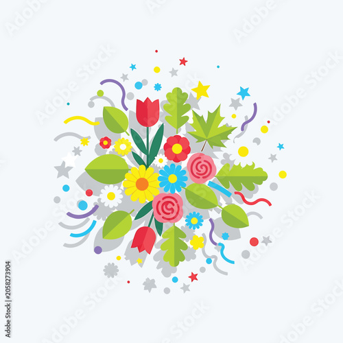 Colorful flowers with green leaves arrangement.