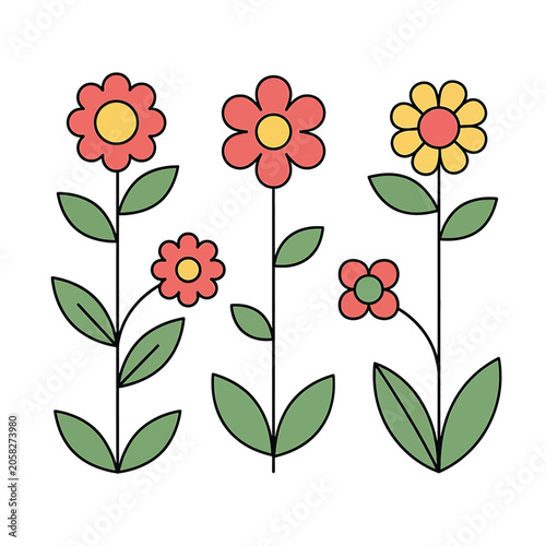 Colorful flowers with green leaves growing.