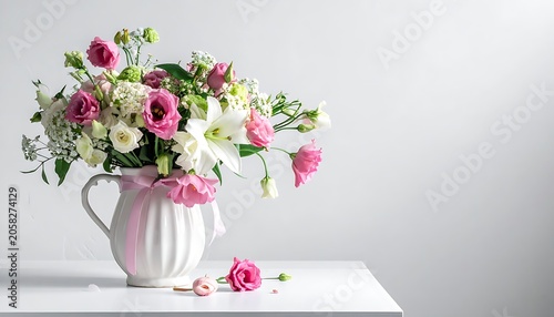 Lush floral bouquet in white pitcher on a white surface, against a white background