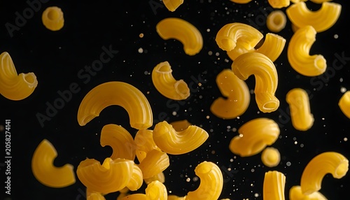 Macaroni elbows dynamically scattered against a stark black background in a food still life photography composition
