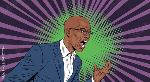 Bald African American man with glasses in a blue suit shouting angrily with his hands clenched in frustration against a purple sunburst.