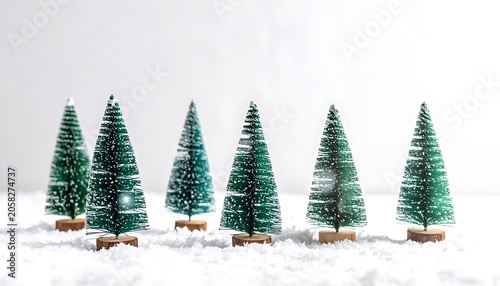 Miniature evergreen trees stand in fluffy white snow against a bright, blurry backdrop