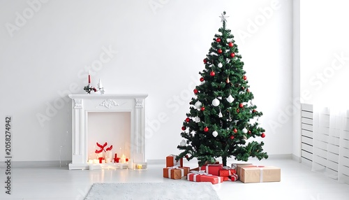 Minimalist holiday scene a decorated Christmas tree stands beside a white fireplace with gifts on a white floor