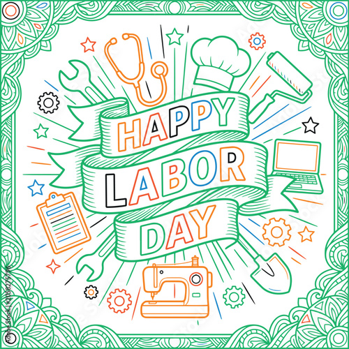Colorful vector illustration of hand-drawn tools and Happy Labor Day text on green patterned background