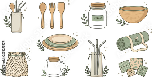 Obraz na plátně Sustainable zero waste lifestyle vector icon set with reusable kitchenware woode