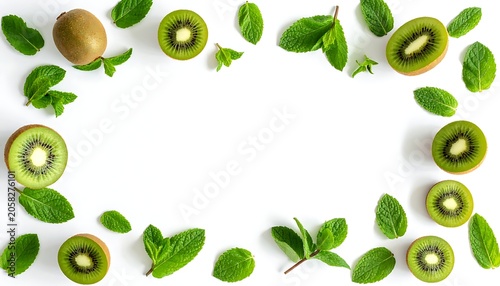 Kiwi and mint leaves frame, flat lay on white, creating a fresh and vibrant food background