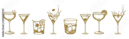 Set of Hand-Drawn Alcoholic Cocktails in Gold Ink Style