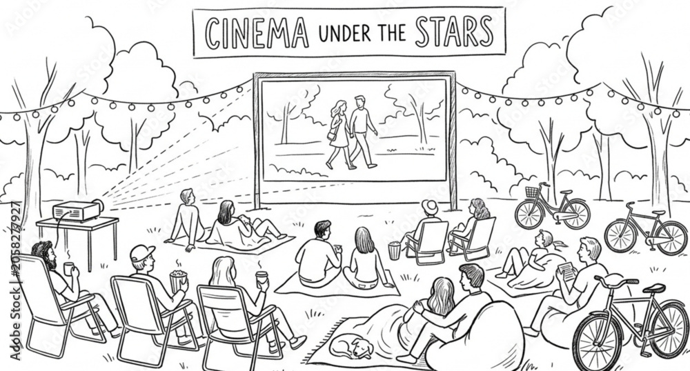 Fototapeta premium Open air movie theater with audience sketch vector illustration