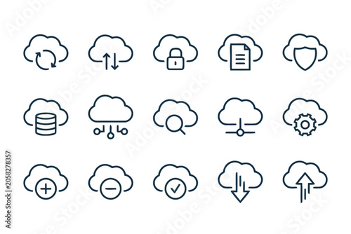 Set of Cloud Computing Icons, Digital Network Symbols, Web Technology