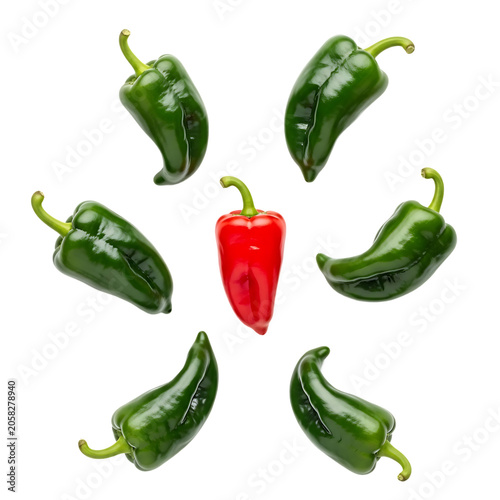 A red chili pepper surrounded by green chili peppers isolated on transparent background