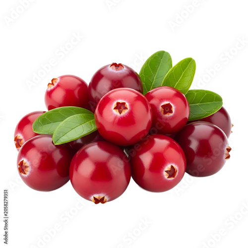Fresh ripe cranberries with green leaves isolated on transparent background