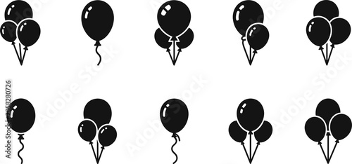 Balloon icons collection, celebration and party design, festive decoration illustration, air and helium balloon concept, black vector silhouette set