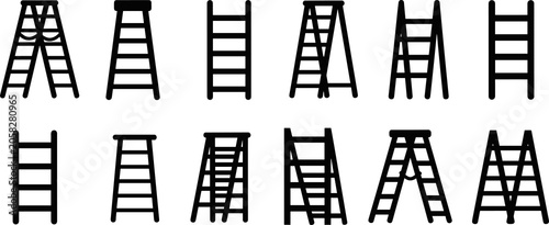 Ladder icons collection, step and extension ladder silhouette, construction and home improvement tools, safety equipment illustration, black vector set