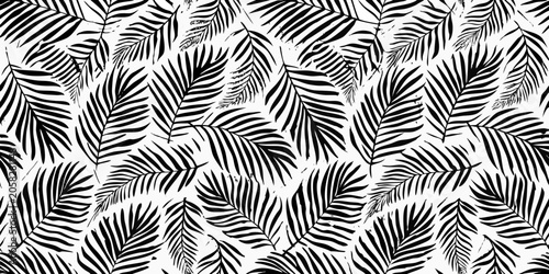 Palm leaf pattern monochrome vector illustration with repeating botanical design