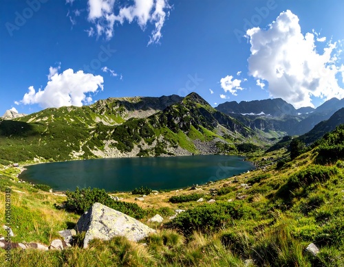 A serene lake surrounded by lush green mountains and a clear blue sky with white clouds