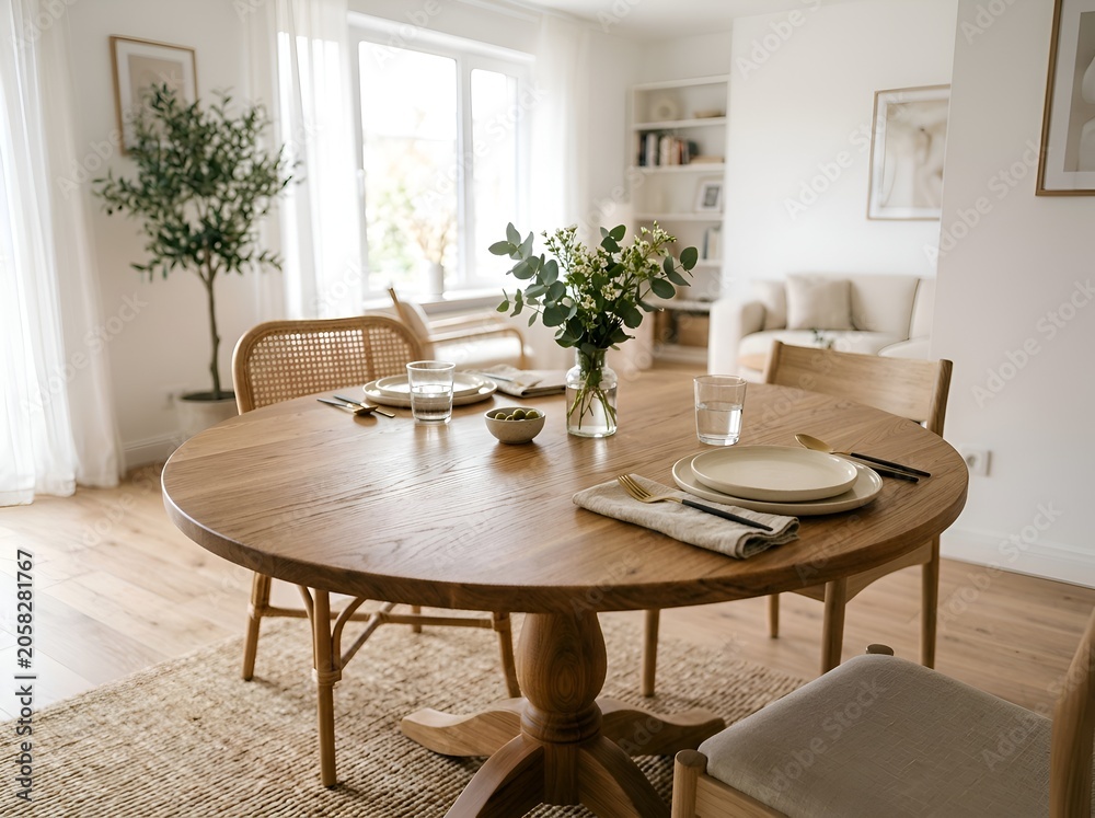 Fototapeta premium Cozy Dining Room with Round Wooden Table and Natural Light