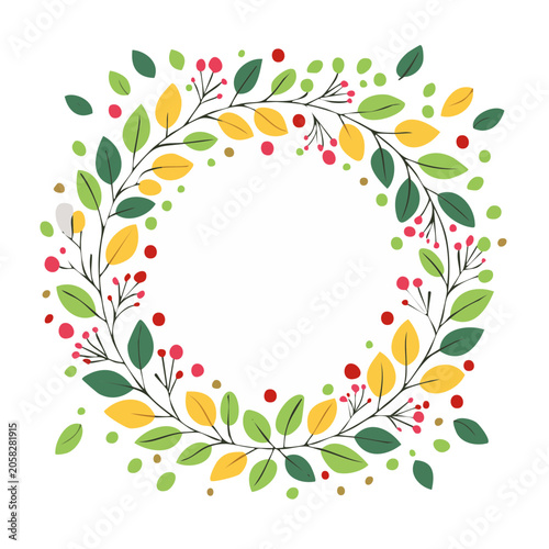 Flat design wreath with leaves and berries on white background