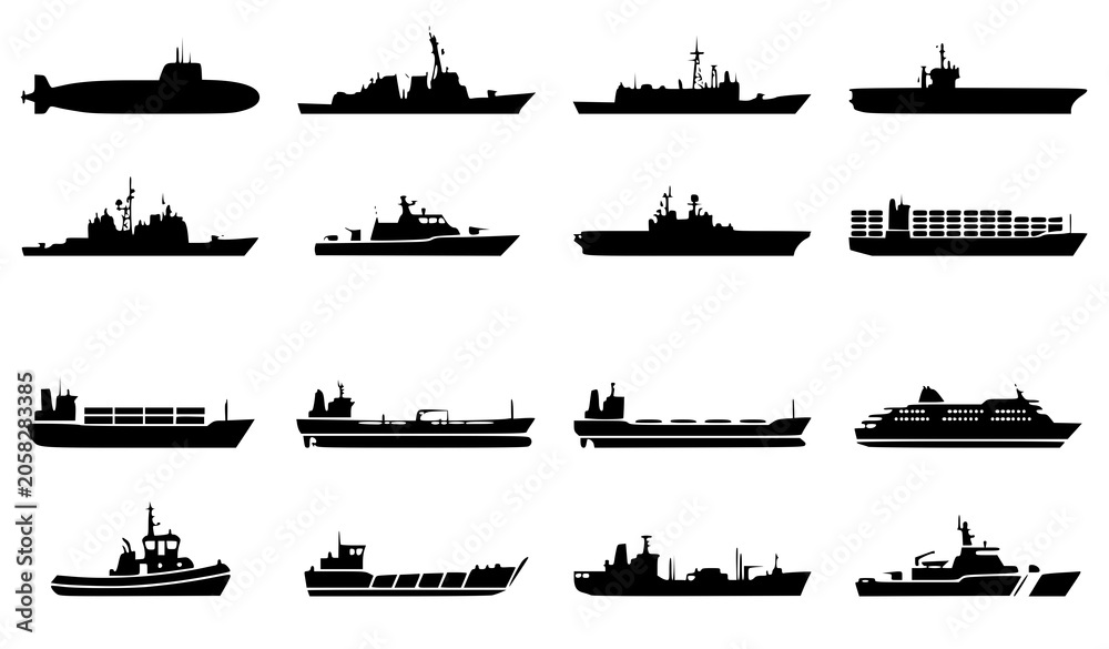 Obraz premium Military and Cargo Ship Silhouette Icon Set with Submarines Destroyers and Container Ships